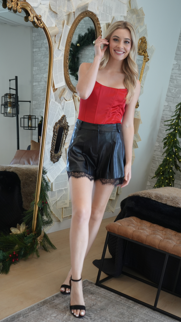 Lace Trimmed Faux Leather Shorts
