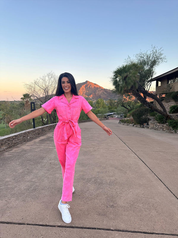 Short Sleeve Washed Utility Waist Tie Jumpsuit