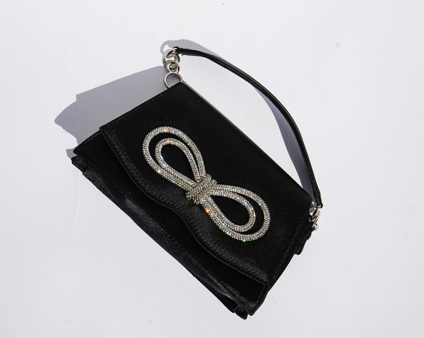 Satin Shoulder Handbag With Rhinestone Bow