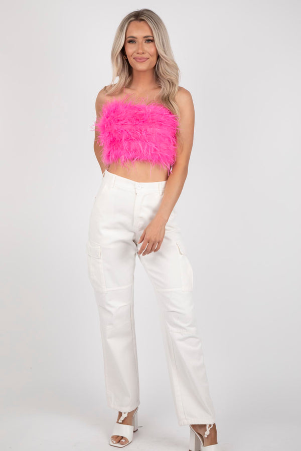 Hot Pink Faux Fur Tube Top With Zipper Back Closure