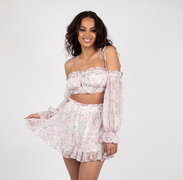 Floral Long Sleeve Crop Top With Mini Skirt SET