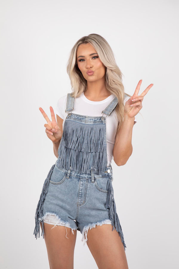 Denim Studded Fringe Shortall