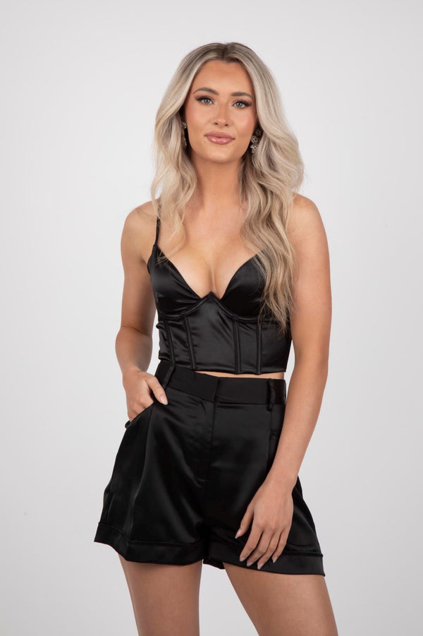 Sleeveless Satin V Neck Corset Crop Top